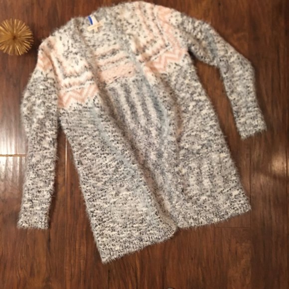 Retrology Long Sleeve Feather Knit Pink Gray Cream Long Cardigan Sweater Size M. - Picture 2 of 8